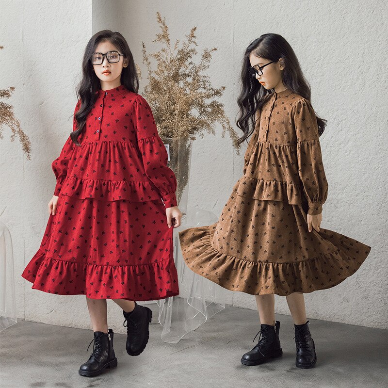 kids teen girls fall winter corduroy floral print ruffle flare dress children teen girl 6 to 16 years fashion casual dresses