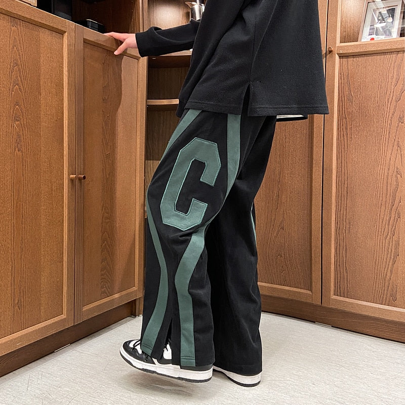 Men Spring Fashion Patchwork Sweatpants Casual Loose Staight Trousers Mens Elastic waist Sports Pants Male Trousers White/Green