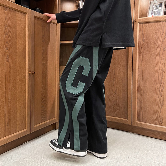 Men Spring Fashion Patchwork Sweatpants Casual Loose Staight Trousers Mens Elastic waist Sports Pants Male Trousers White/Green