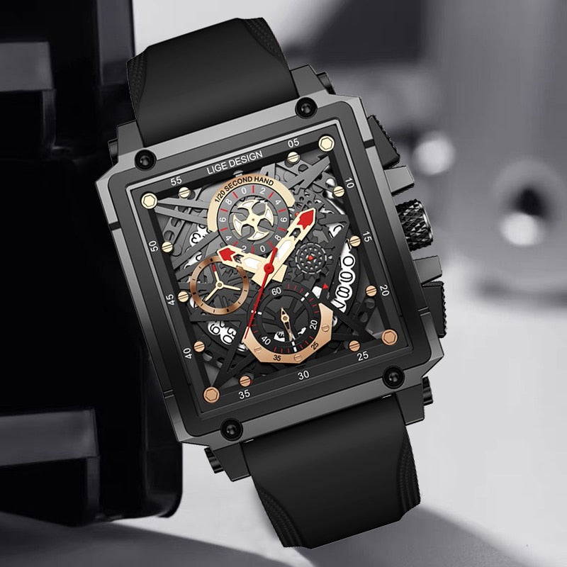 LIGE Casual Sport Watches for Men Top Brand Luxury Military Silicone Wrist Watch Man Clock Rectangle Chronograph Wristwatch