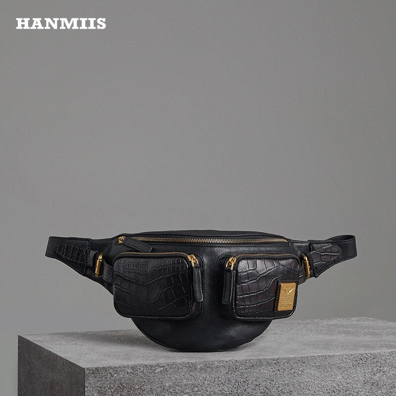 Crocodile Pattern Chest Bag First Layer Cowhide Vintage Genuine Leather Men&#39;s Shoulder Messenger Bag Cycling Men&#39;s Bag Casual