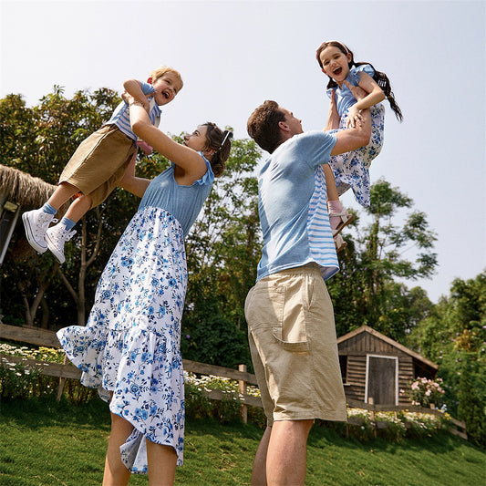 PatPat Family Matching Light Blue V Neck Flutter-sleeve Splicing Floral Print Irregular Hem Dresses and Striped T-shirts Sets