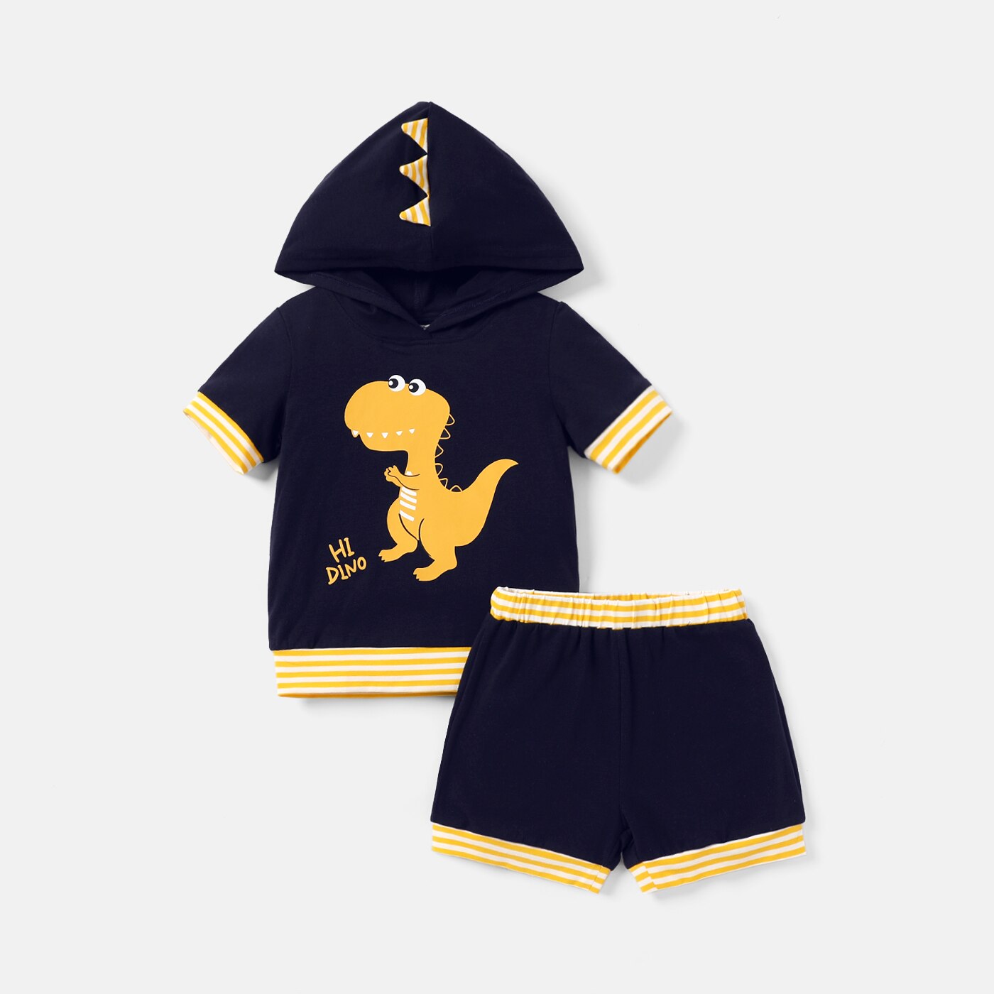 PatPat 2pcs Toddler Boy Dinosaur Print Striped Hooded Short-sleeve Cotton Tee and Shorts Set