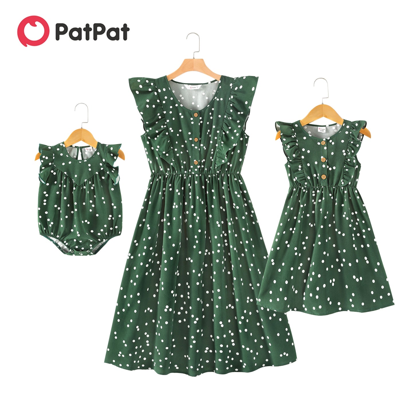 PatPat  Family Matching Outfits Dresses Matching All over Polka Dots Dark Green Ruffle Trim Tank Dress for Mom and Me