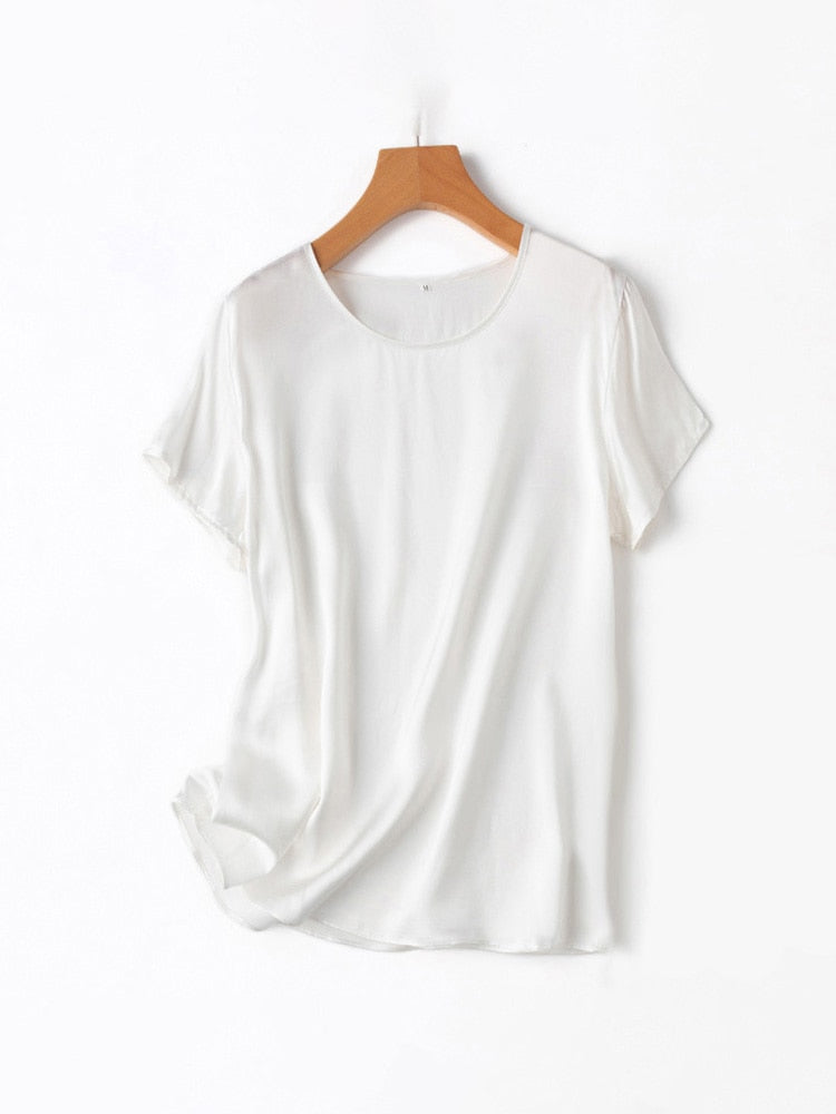 SuyaDream Woman Silk Tee 100%Real Silk Short Sleeved Plain O Neck T Shirt 2022 New Summer Top