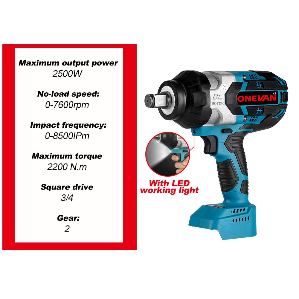 ONEVAN 2200NM 2500W High Torque Brushless Cordless Electric Impact Wrench 3/4 inch Power Tools Compatible For Makita 18V Battery