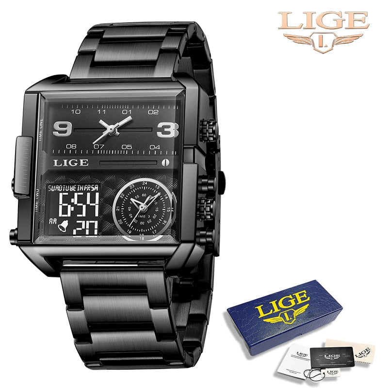 LIGE New Top Brand Luxury Fashion Men Watches Gold Steel Sport Square Digital Analog Big Quartz Watch for Man relogio masculino