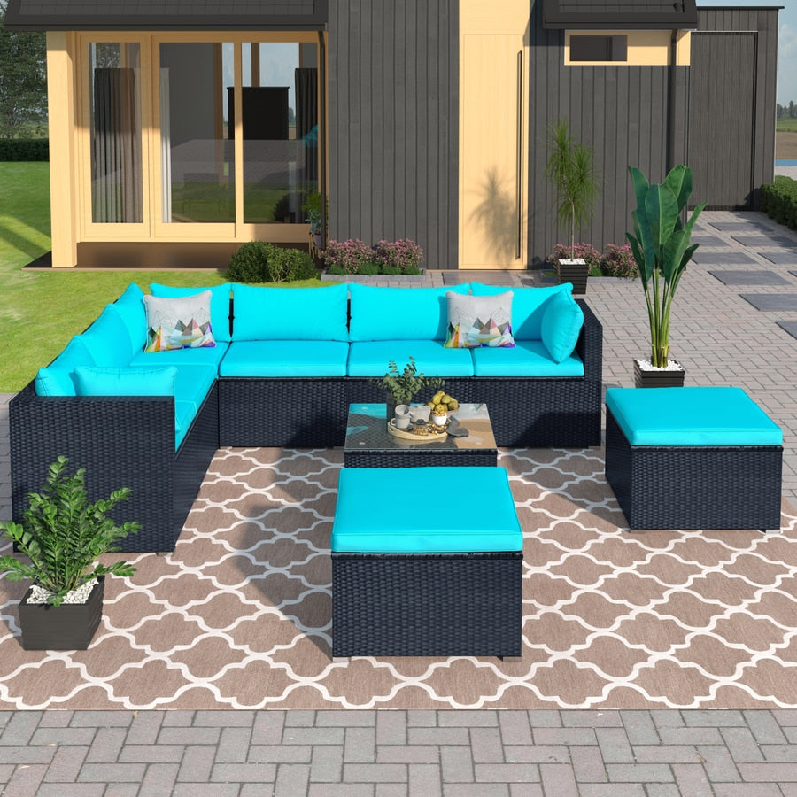 9-piece Outdoor Patio PE Wicker Rattan conversation Sectional Sofa sets removable soft cushions Black wicker, Beige/blue cushion