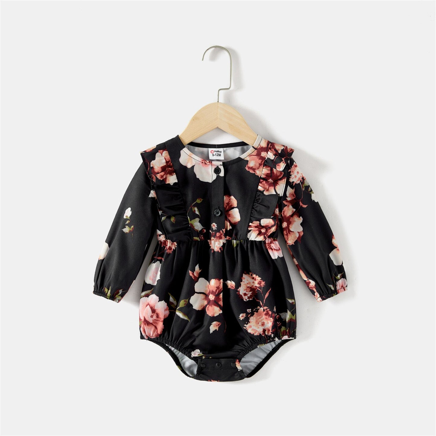 PatPat Mommy and Me Allover Floral Print Black Notch Neck Belted Long-sleeve Dresses