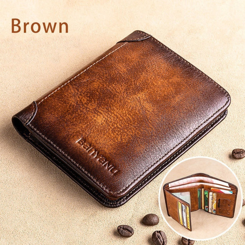 Men Wallet Genuine Leather Trifold Wallet Vintage Thin Short Multi Function ID Credit Card Holder Male Purse Money Small bag