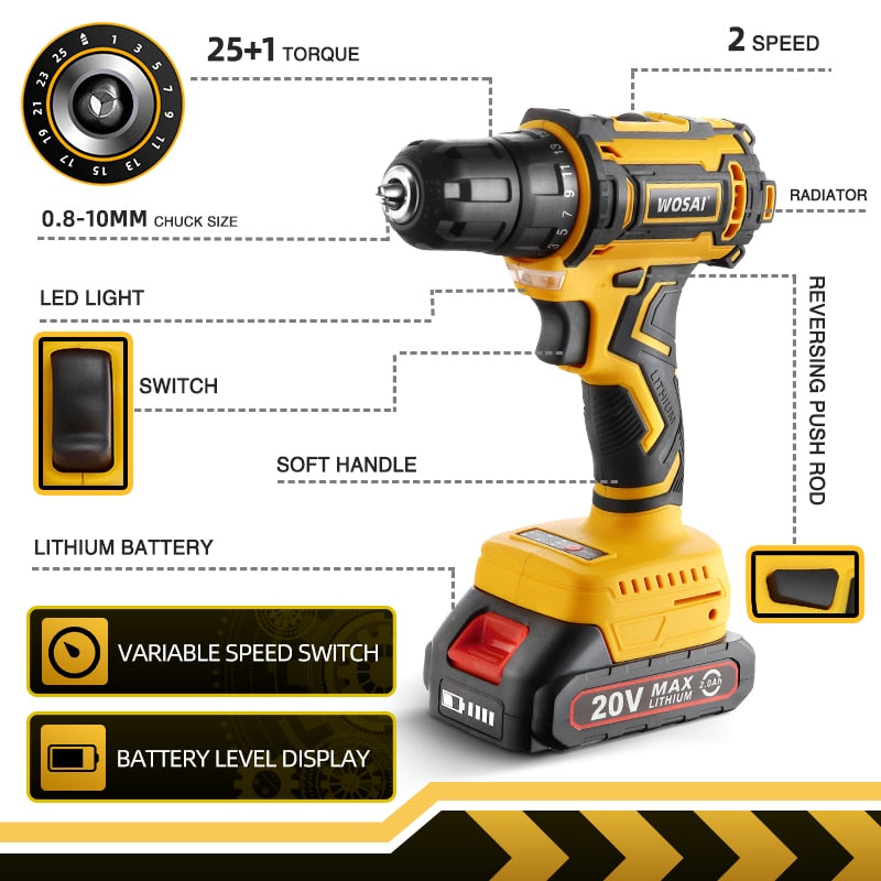 WOSAI 20V Brushless Electric Drill 50NM Cordless Screwdriver Lithium-Ion Battery Mini Electric Power Screwdriver MT-Series Tools