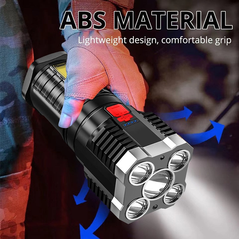 Five-Nuclear Explosion LED Flashlight Strong Light Rechargeable Highlight Small Xenon   Outdoor Multi-Function Flashlight