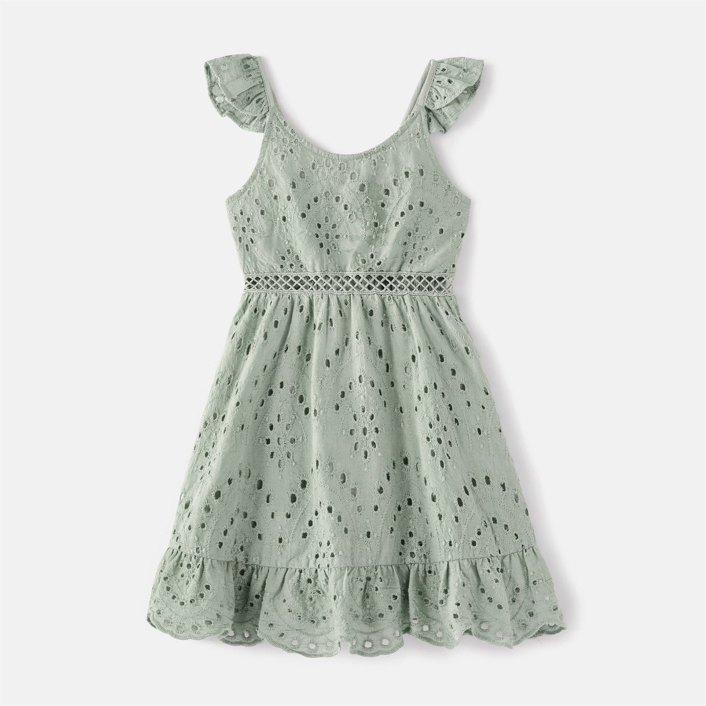 PatPat 100% Cotton Solid Hollow Out Textured V Neck Spaghetti Strap Dress for Mom and Me