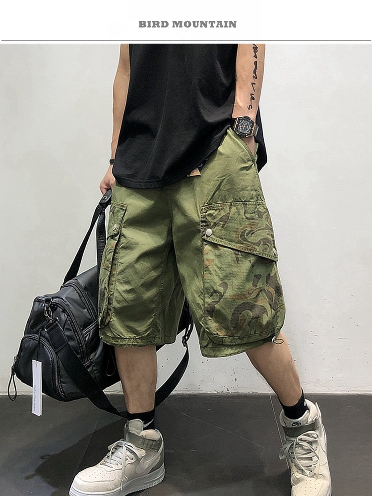 Summer American Camouflage Pocket Patchwork Cargo Shorts Men Clothing Japanese Streetwear Loose Army Green Casual Pants Male