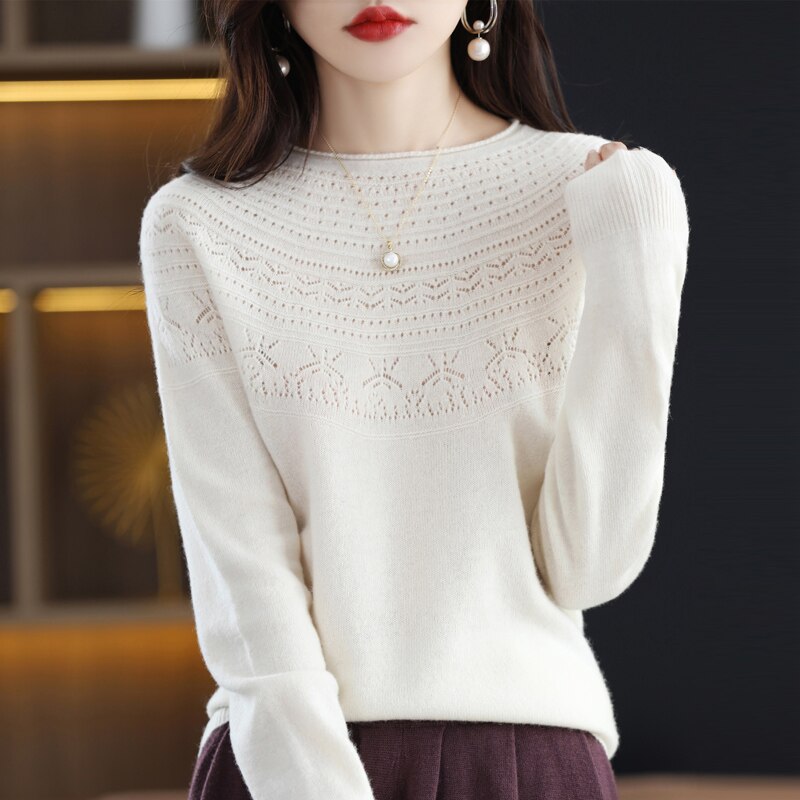 100 Wool Classic Round Neck Cutout Sweater Fashion Cutout Loose Long Sleeve Undercoat New Design Taste Popular Sweater Girl