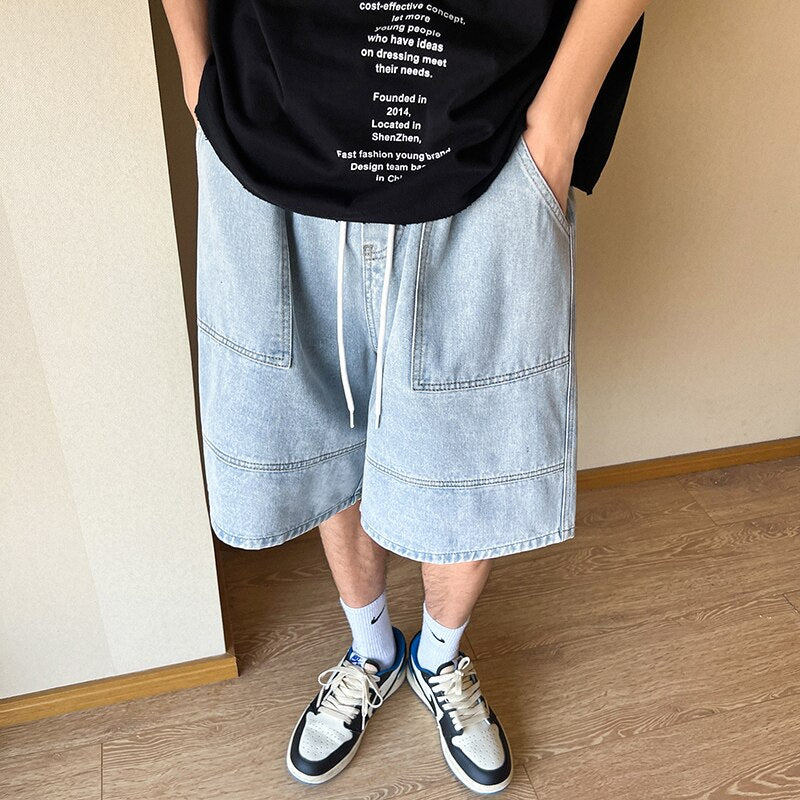 2023 Summer New High Street Casual Versatile Denim Capris Elastic Waist Men&#39;s Korean Style Loose Wide Leg Large Pocket Shorts
