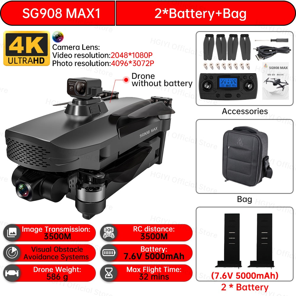 HGIYI SG908 Max Drone 4K Profesional 3-Axis Gimbal Obstacle Avoidance HD Camera Dron GPS RC Helicopter Quadcopter VS SG907 Max