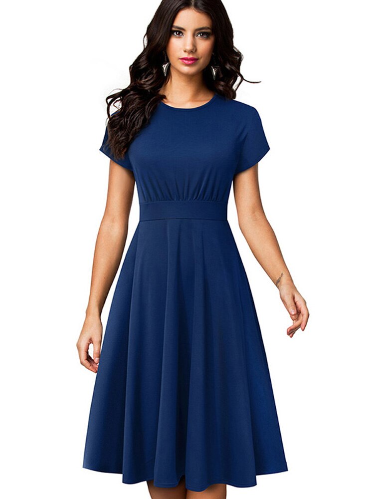 Nice-forever Vintage Elegant Floral Print Pleated Round neck vestidos A-Line Pinup Business Party Women Flare Swing Dress A102