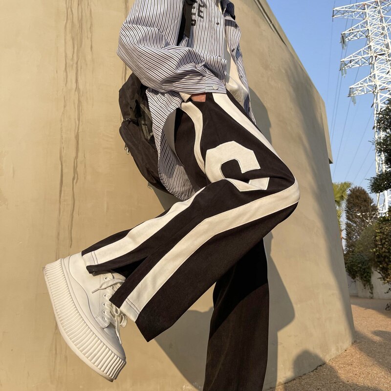 Men Spring Fashion Patchwork Sweatpants Casual Loose Staight Trousers Mens Elastic waist Sports Pants Male Trousers White/Green