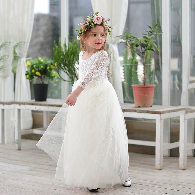 Princess Dress for Girls Ankle Length Wedding Party Dress Eyelash Back White Lace Beach Dress Children Clothing E15177
