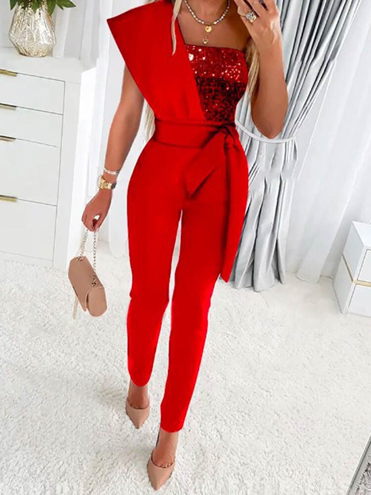 Fashion Patchwork Sequins Autumn Jumpsuit Women Belt Slim Bodycon Rompers Elegant Ladies Sexy One Piece Party Overalls Summer