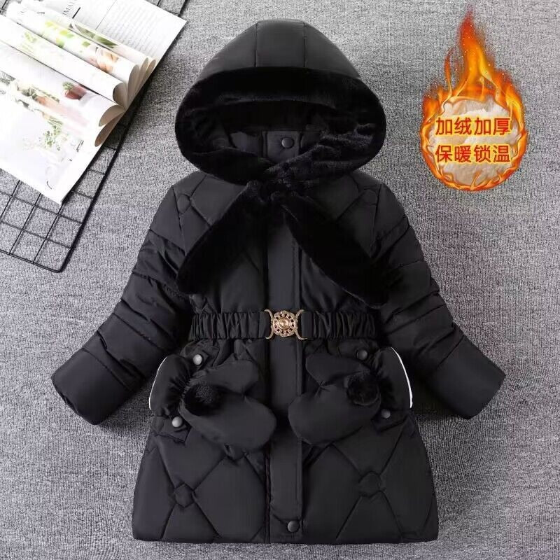Winter Girls Thick Coats Fleece Warm Down Cotton Mid-Length Jackets Gloves Hooded Parka Coats Children&#39;s Outerwear Clothes