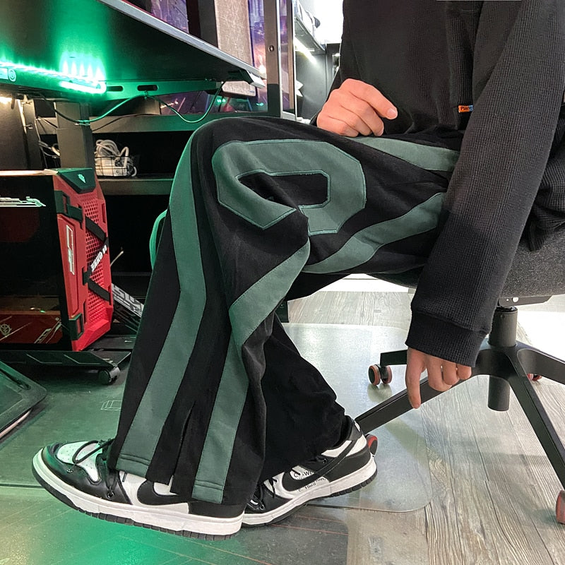 Men Spring Fashion Patchwork Sweatpants Casual Loose Staight Trousers Mens Elastic waist Sports Pants Male Trousers White/Green