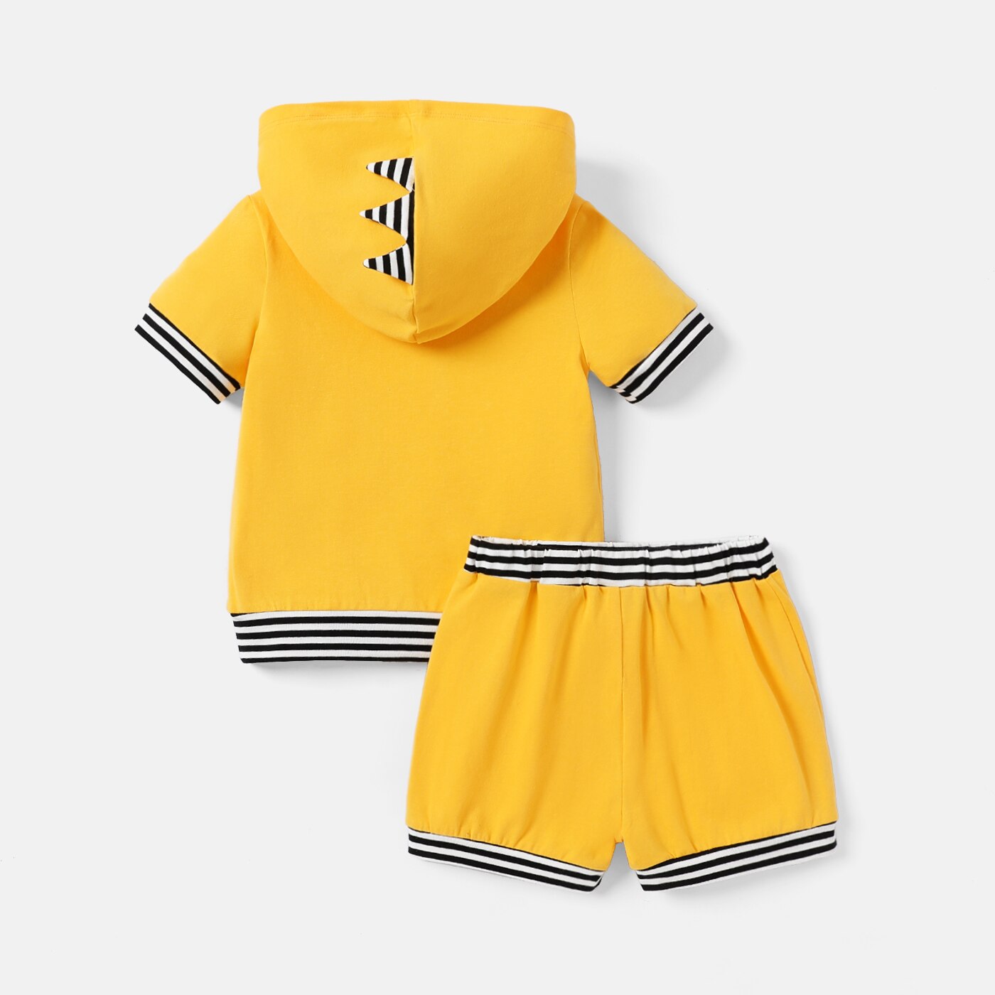 PatPat 2pcs Toddler Boy Dinosaur Print Striped Hooded Short-sleeve Cotton Tee and Shorts Set
