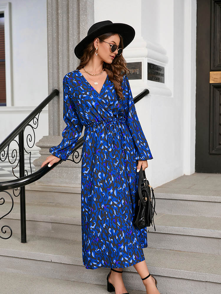Fashion Leopard Print Midi Dress For Women Elegant Office Lace-Up Cardigan Lady Casual Long Dresses Autumn Long Sleeve Vestidos