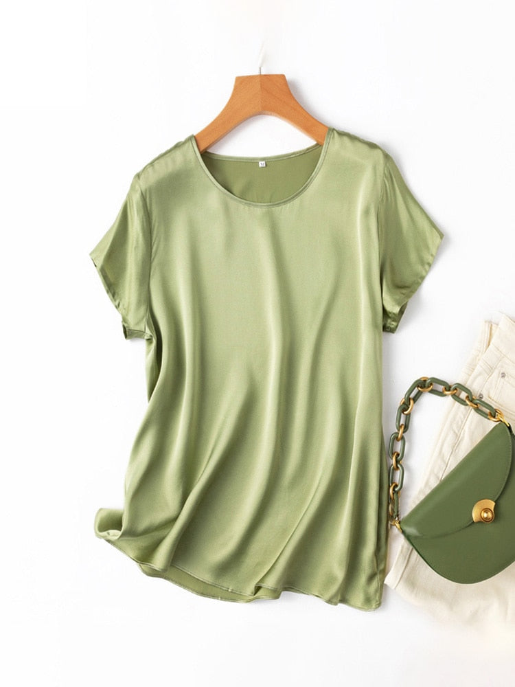SuyaDream Woman Silk Tee 100%Real Silk Short Sleeved Plain O Neck T Shirt 2022 New Summer Top
