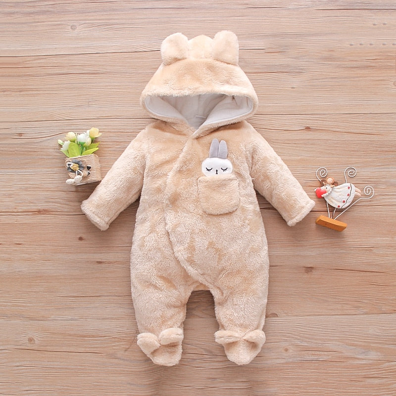 PatPat Baby Girls Clothes Solid Fleece Rabbit Hooded Footed / Long-sleeve Baby Jumpsuit Unisex Baby Winter Clothes for Newborn