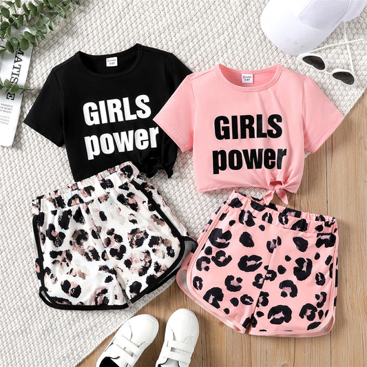 PatPat 2pcs Kid Girl Letter Print Tie Knot Short-sleeve Tee and Leopard Print Shorts Set