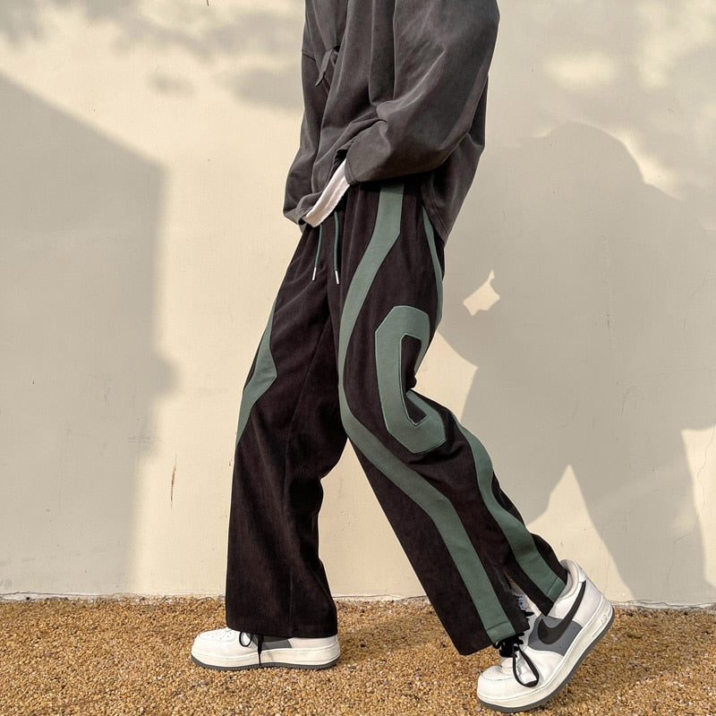 Men Spring Fashion Patchwork Sweatpants Casual Loose Staight Trousers Mens Elastic waist Sports Pants Male Trousers White/Green