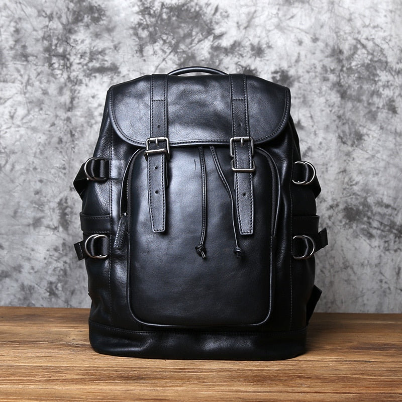 NZP Retro Leather Men&#39;s Backpack European and American Fashion Travel Bag Top Layer Cowhide Casual School Bag Laptop Bag