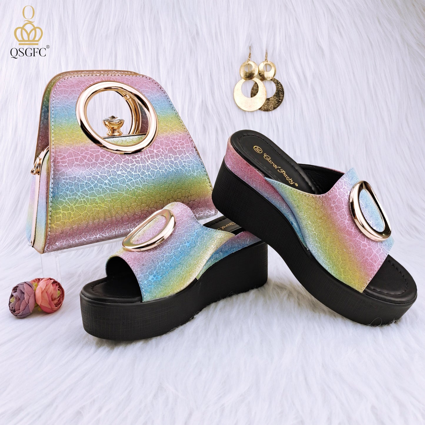 QSGFC New Fashion Simple Gold Flash Matte Surface Ladies Sandals Shoes Bag Set With Waterproof Platform