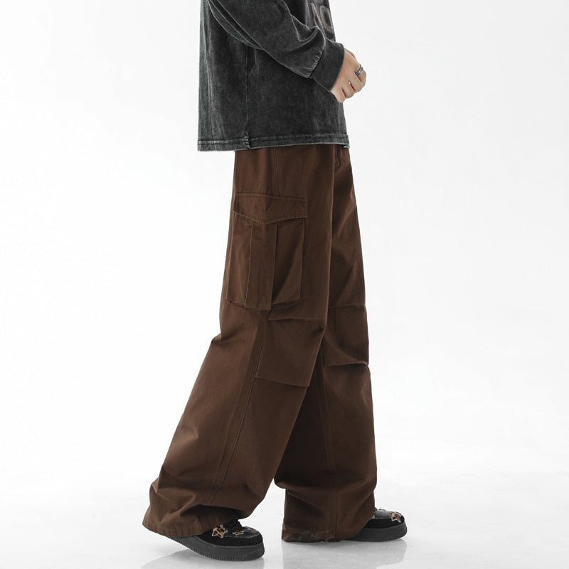 Japanese Retro Coffee Cargo Pants Men&#39;s Plicated Straight Tube Cityboy Pant Fashion Streetwear Vintage Mopping Trousers White