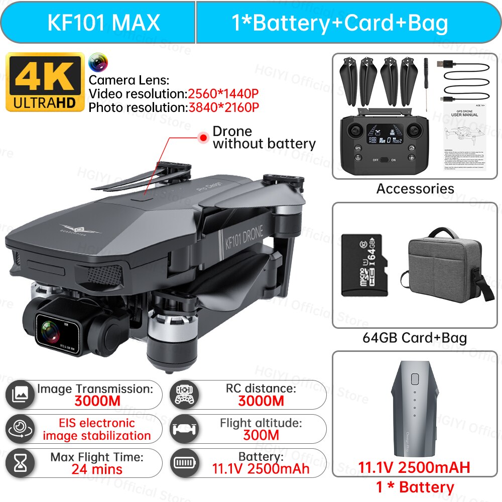 HGIYI KF101 Max Drone 4K Professional 5G WIFI Dron HD EIS Camera Anti-Shake 3-Axis Gimbal Brushless Motor RC Foldable Quadcopter