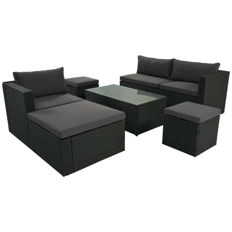 Large Outdoor Wicker Sofa Set, PE Rattan, Movable Cushion, Sectional Lounger Sofa, For Backyard, Porch, Pool, Gray