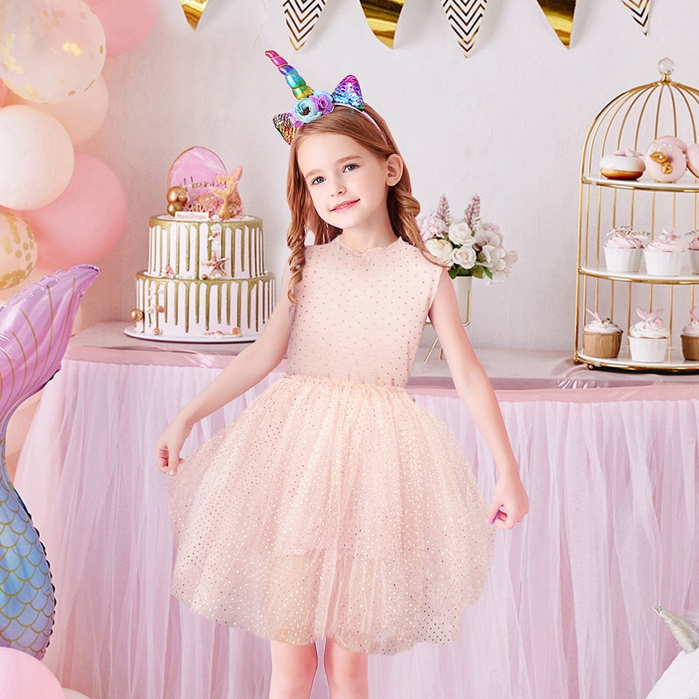 VIKITA 3-8 Years Kids Girls Sleeveless Sequined Floral Shiny Princess Casual Tulle Dress for Birthday Party Summer Prom Clothes