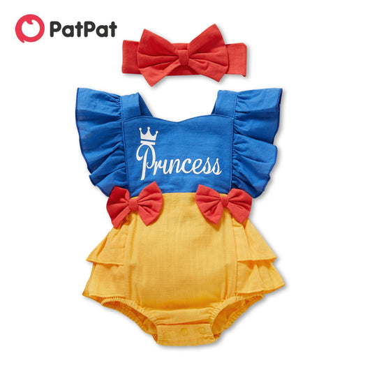 PatPat 100% Cotton 2pcs Letter Print Color Block Sleeveless Layered Ruffle Baby Princess Romper Set