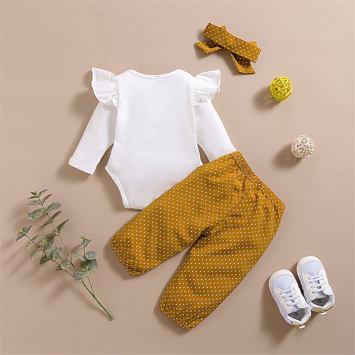 PatPat 3-piece Baby Girl Letter Print Ruffled Bodysuit and Polka Dots Pants with Headband Set