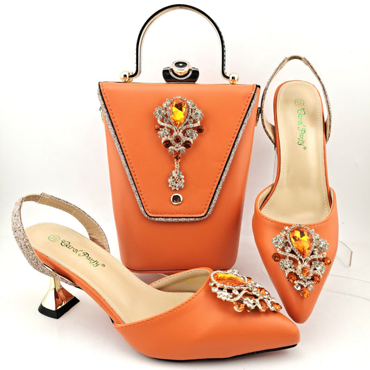 QSGFC 2022 Newest Noble and Elegant Classic vintage rhinestone accessories Ladies Shoes and Bag Set in Gold Color