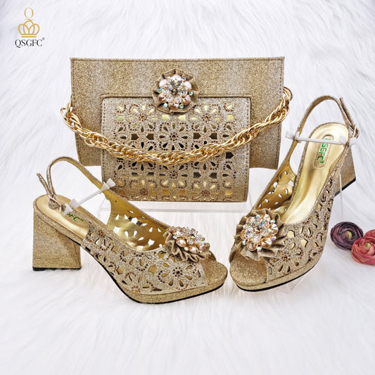 QSGFC Newest Gold Color Cutout Pumps High Heels Decorated with Rhinestone Flower Design Party Women&#39;s Shoes and Bags Set