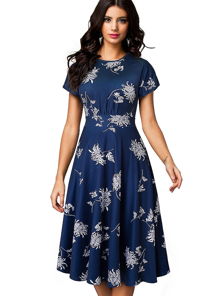 Nice-forever Vintage Elegant Floral Print Pleated Round neck vestidos A-Line Pinup Business Party Women Flare Swing Dress A102