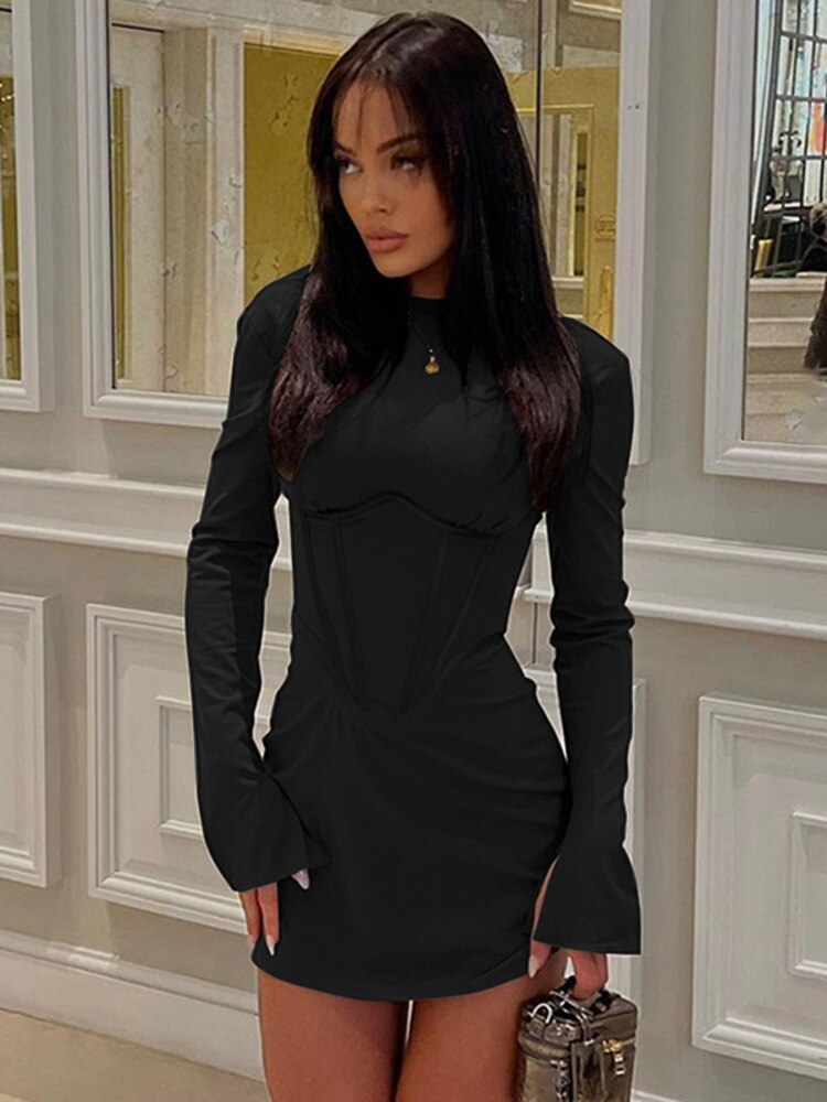 JULISSA MO Women Illusion Bodycone Mini Dress O-Neck Split Flare Sleeve Wrap Skirt Solid Slim Bodycon Summer New Partywear