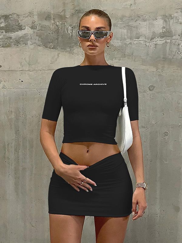 Hugcitar Letter Print Solid Turtleneck Short Sleeves Crop Top Skirts 2 Pcs Set Sexy Slim Summer Fashion Outfit Streetwear Sports