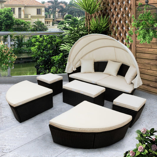 Outdoor garden furniture rattan sofa bed and retractable canopy, round outdoor sofa set, wicker furniture clamshell seat beige.