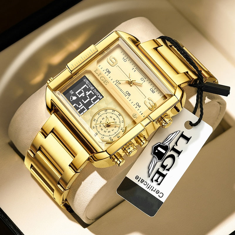 LIGE New Top Brand Luxury Fashion Men Watches Gold Steel Sport Square Digital Analog Big Quartz Watch for Man relogio masculino