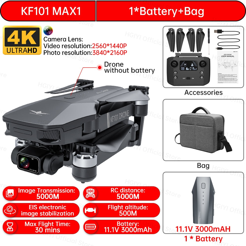 HGIYI KF101 Max Drone 4K Professional 5G WIFI Dron HD EIS Camera Anti-Shake 3-Axis Gimbal Brushless Motor RC Foldable Quadcopter