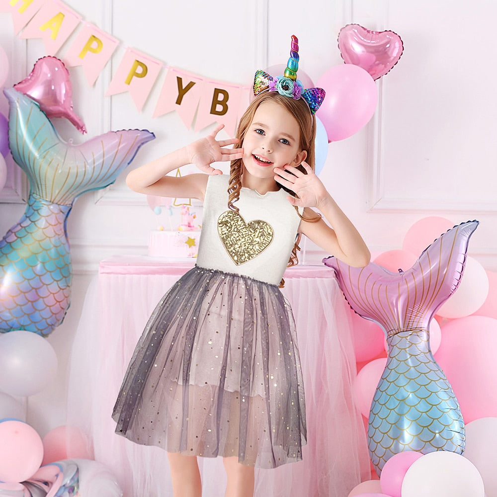 VIKITA 3-8 Years Kids Girls Sleeveless Sequined Floral Shiny Princess Casual Tulle Dress for Birthday Party Summer Prom Clothes
